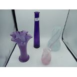 2 pieces of purple glass and 1 Caithness crystal vase and one other