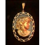 Stunning Cameo Pendant in 9ct mount with large yellow metal maidens head with diamonds in her hair