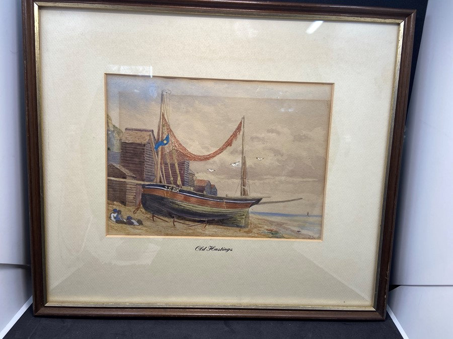 watercolour seascape "old Hastings" beach scene of a fishing boat signed J. Swift bottom right, 23cm - Image 3 of 3