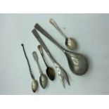 mixed silver and pewter: 3 teaspoons; pickle spoon and Norwegian pewter salad servers