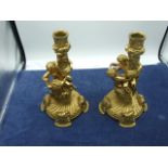 Pair of Heavy Brass Cherub Candlesticks 9 inches tall