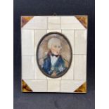 Watercolour portrait of Lord Nelson in small oval bone and tortoise shell frame 7cm x 9cm opening,