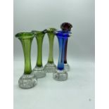 Swedish art glass bud vases, 3 green, 1 blue, 1 purple