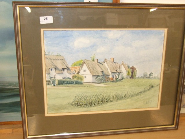 D C Macaree watercolour Cottages at Barrington Cambs 22 x 18 inches