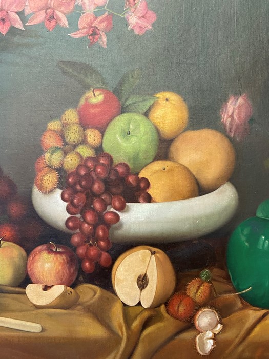 Large oil on canvas of a still life of fruits and flowers. indistinctly signed bottom right, - Image 3 of 3