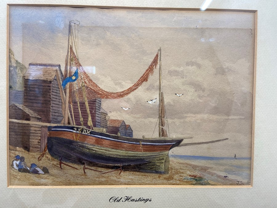 watercolour seascape "old Hastings" beach scene of a fishing boat signed J. Swift bottom right, 23cm