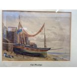 watercolour seascape "old Hastings" beach scene of a fishing boat signed J. Swift bottom right, 23cm