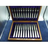 Oak Cased 23 Piece Mother of Pearl & Silver Fruit ,Dessert Knife & Fork Set ( 1 knife missing )