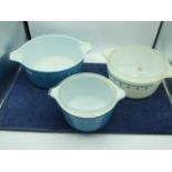 3 Retro Pyrex Oven Dishes 2 with lids and Pyrosil Frying Pan