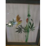 2 Framed Oriental Pictures on material ( silk ? ) 34 x 43 cm