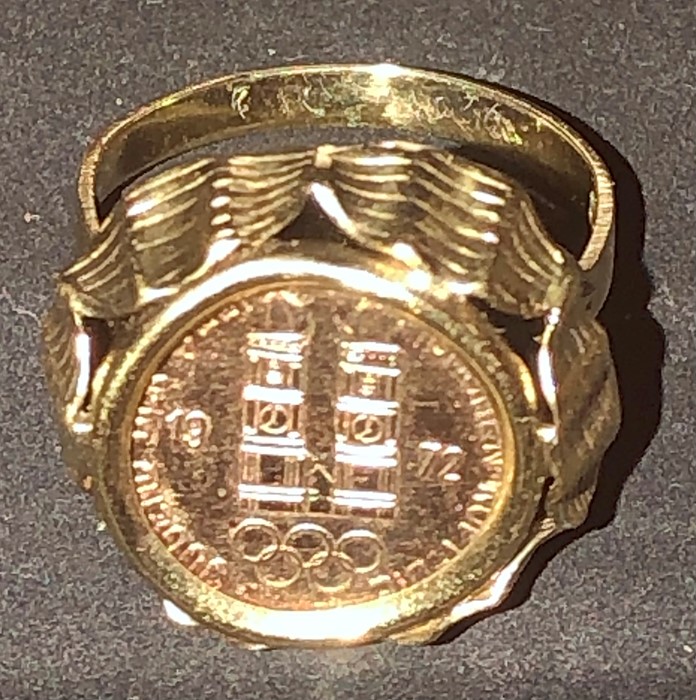 Rare 1972 German Olympics Ladies Coin / Medallion Ring. Ring shank stamped 833