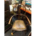 Vintage Windsor Armchair with green leather seat