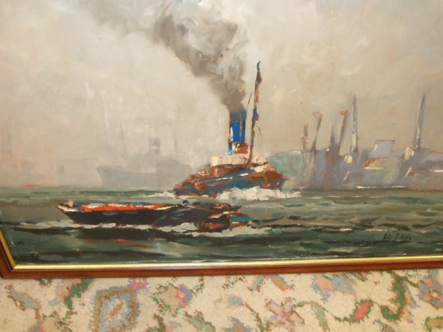 Vic Ellis ( 1921-1983 ) oil on board Tug Boat 29 1/2 x 20 inches - Image 2 of 3