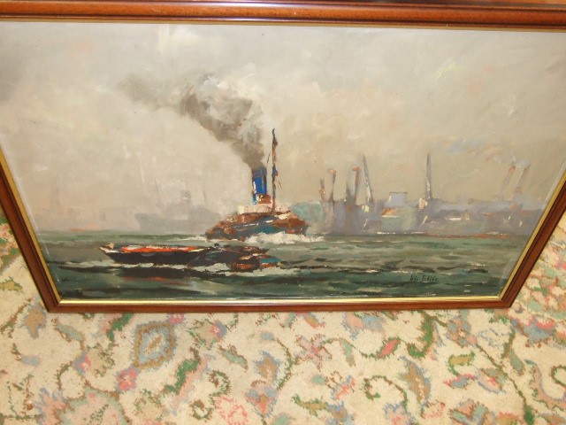 Vic Ellis ( 1921-1983 ) oil on board Tug Boat 29 1/2 x 20 inches