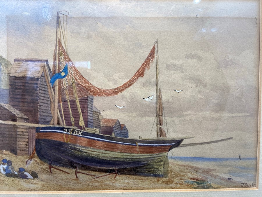 watercolour seascape "old Hastings" beach scene of a fishing boat signed J. Swift bottom right, 23cm - Image 2 of 3