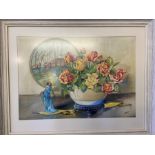 R. M. Mackay - Watercolour of roses in a vase with Japanese plague and figurine signed and dated '