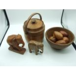 Wooden Bowl and Eggs , 2 Elephants & Wooden Ice Bucket ( liner cracked )