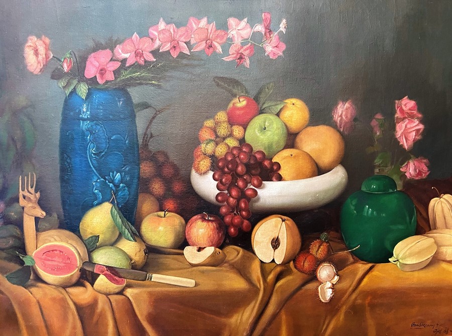 Large oil on canvas of a still life of fruits and flowers. indistinctly signed bottom right,