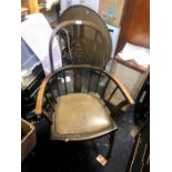 Vintage Windsor Armchair with green leather seat