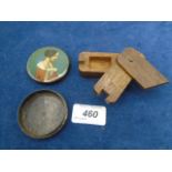 Treen puzzle snuff box plus antique papier mache circular snuff box featuring a side portrait of a