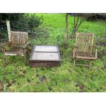 two hardwood garden chairs and propagator