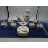 Royal Douton Coffee set printed with birds and flowers, teapot has chip on the lids rim inside, 6