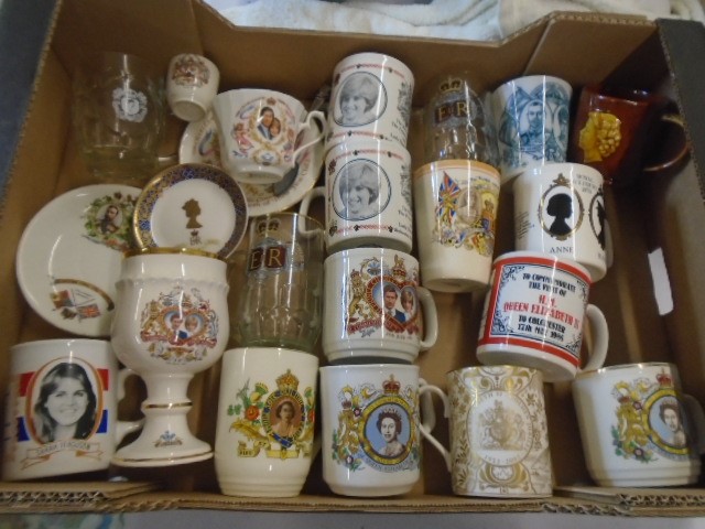 Box of Mugs, glasses, china pieces all relating to the royal family.