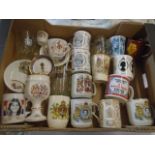 Box of Mugs, glasses, china pieces all relating to the royal family.