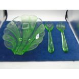 Art deco style Green glass salad bowl with matching serving spoons