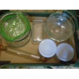 Box of glass bowls, Pyrex bowls, vintage Pyrex rolling pin