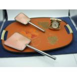 Decorative Tray , Hairbrush and Mirror and Westclox Folding Travel Alarm