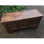 Small Antique Oak Coffer / Trunk with carved panels to front