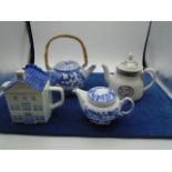 blue and white teapots to include Delf townhouse.