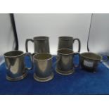 2 large pewter pint tankards, 13cm tall and 3 small pewter tankards approx 10cm tall plus small