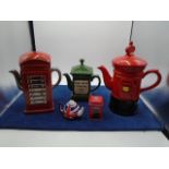 A selection of Tea pots with a Post office theme to include 2 post box, telephone box, racing car(