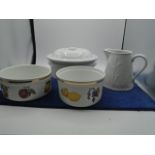 Royal Worcester items, a jug, terrine with lid and 2 bowls