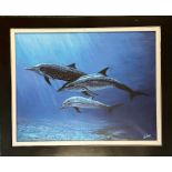 Sharon Kulesa - Suffolk artist - spotted dolphins - oil on canvas 34x44cm, signed bottom right