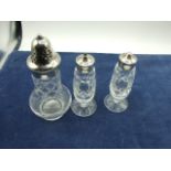 Cut Glass Salt , Pepper 5 inches tall and Sugar Sifter 6 1/2 inches tall all with plated tops