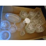 Box of glass dishes, ashtrays, vinegar bottle