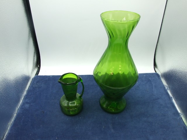 Green Glass Jug 5 inches tall and Vase 12inches tall