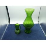 Green Glass Jug 5 inches tall and Vase 12inches tall