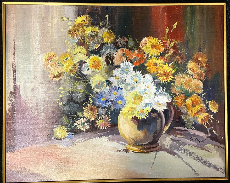 G. Martin a framed oil on board of Daisies in a vase 48x59 cm inscribed G Martin with two other