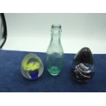 Bohemia Signed Glass Paperweight & 1 other and glass bottle Talbot of Ipswich