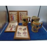 3 Stein style tankards, stamped 'Japan' on base plus 4 framed Weldon Ladies Journal fashion