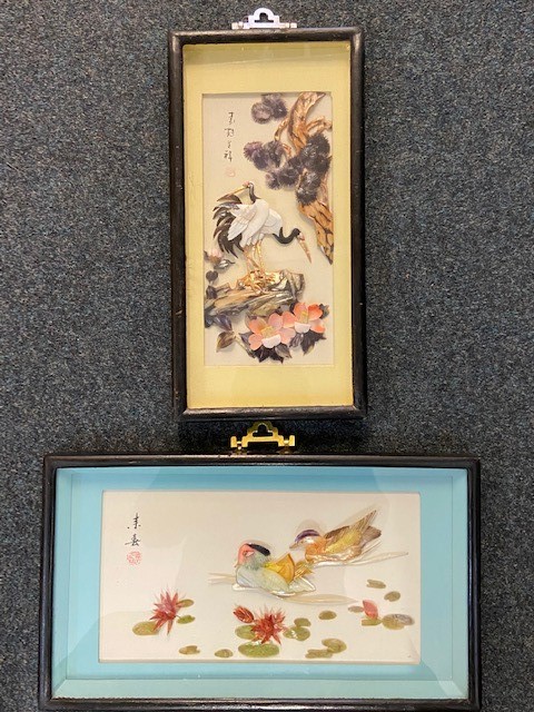 Two Chinese mother of pearl pictures of ducks and cranes set in deep set frames