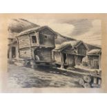 A pencil sketch of mountain log cabins inscribed bottom left and dated '67 52 x 42 cm framed
