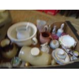 Box of assorted china including bed warmer and bed pan, jugs