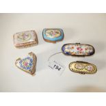 A collection of 5 pill boxes to include Limoges and Orchard Designs