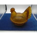 Amber glass chicken, hen egg crock/ nesting hen