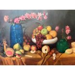 Large oil on canvas of a still life of fruits and flowers. indistinctly signed bottom right,